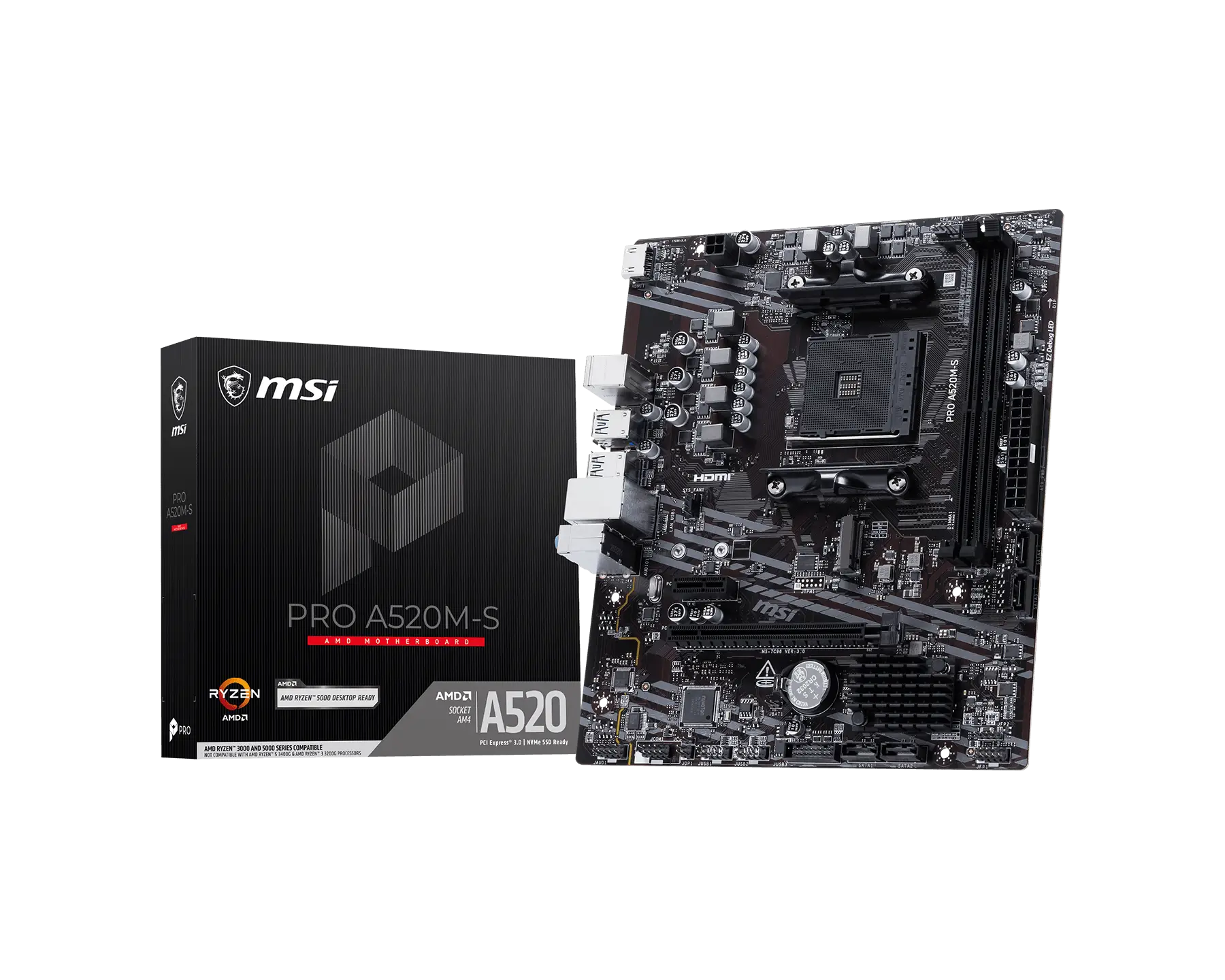MSI PRO A520M-S motherboard shown next to its black product box on a dark background.