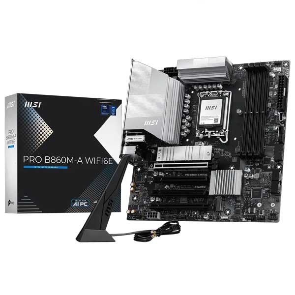 MSI Pro B660M-A WIFI motherboard with two antennas and its boxed packaging