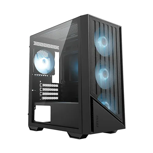Mid-tower PC case with a tempered glass side panel and front mesh, showing three blue-lit intake fans.