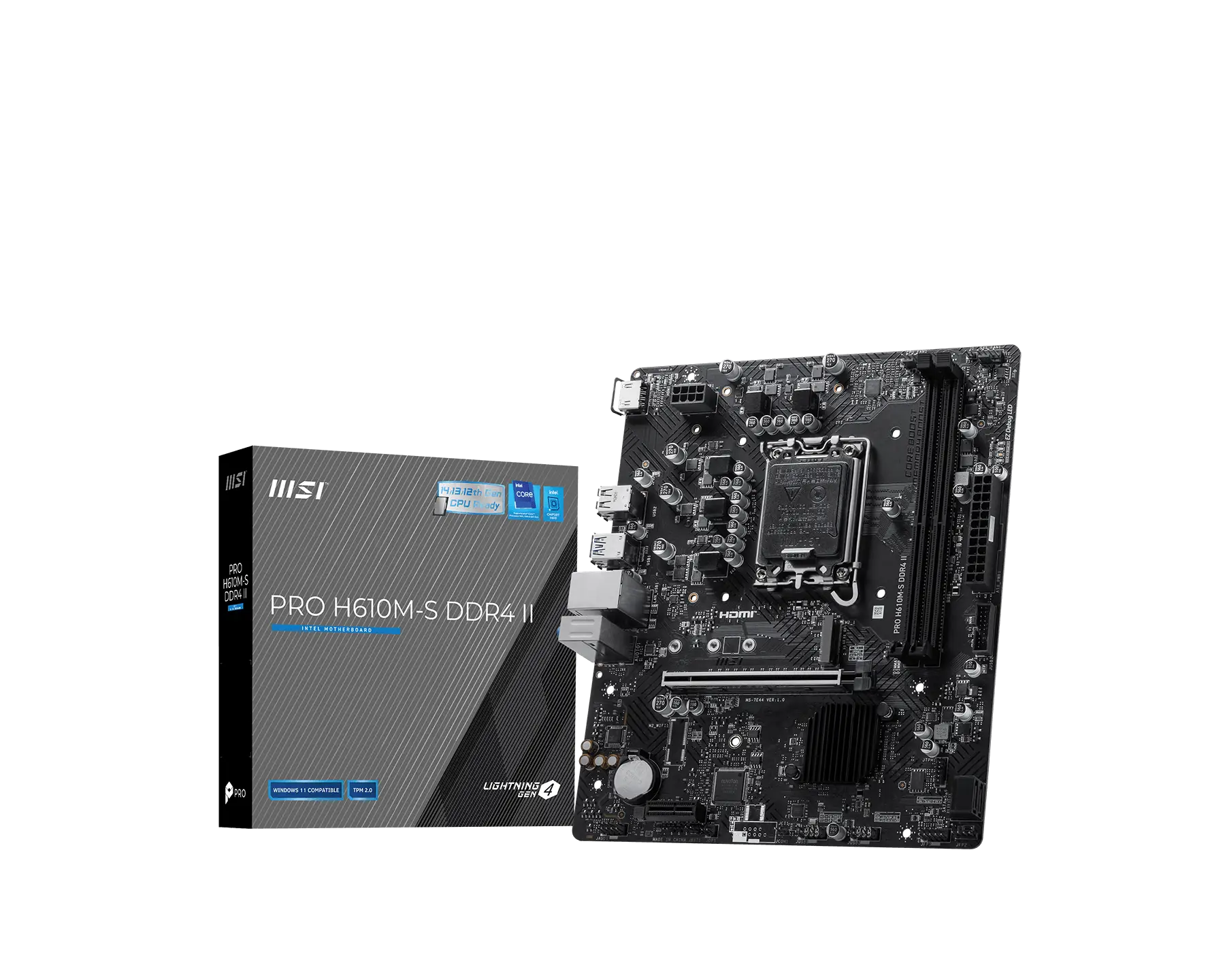 Motherboard assembly with PCIe slots and I/O ports, adjacent to a gray MSI Pro H610M-S DDR4 II box on the left.