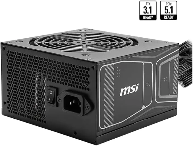 MSI power supply unit with rear fan, hex mesh vent, and modular connectors; labeled ATX 3.1 and PCIe 5.1 ready.
