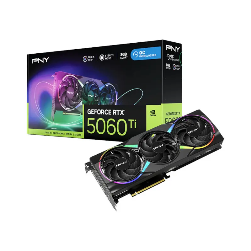 PNY GeForce RTX 5060 Ti graphics card with RGB lighting and retail box in the background (gaming GPU)