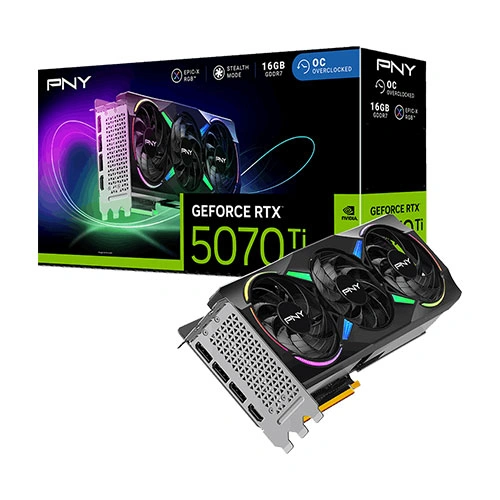 PNY GeForce RTX 5070 Ti graphics card with triple-fan cooler next to its retail box