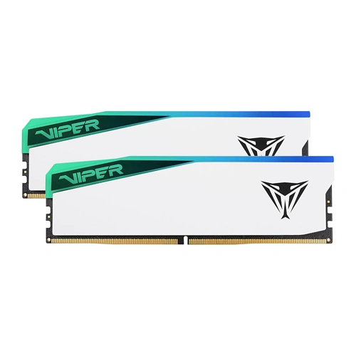 Two white Viper DDR4 RAM modules with teal gradient branding and a black Viper logo, gold edge connectors visible in a dual-stick package.