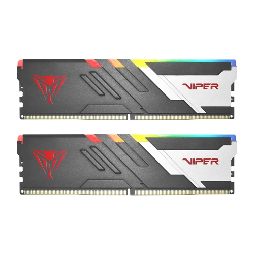 Two DDR4 RAM modules with black heatsinks, red Viper logo, white accent panel, and RGB lighting along the top edge.
