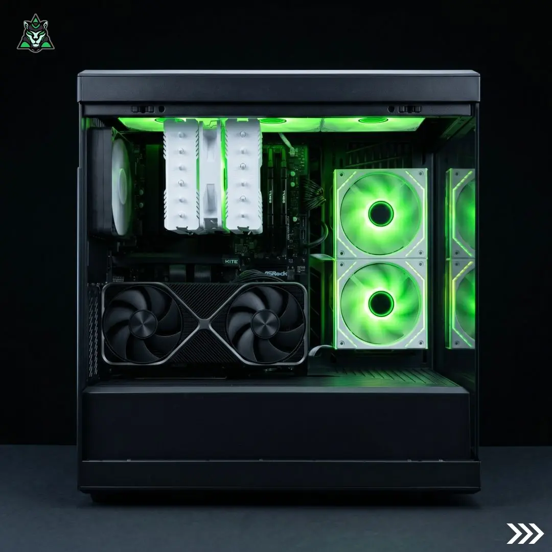 Open black PC case displaying a green‑lit interior: dual‑fan GPU, white CPU cooler, and two green case fans.