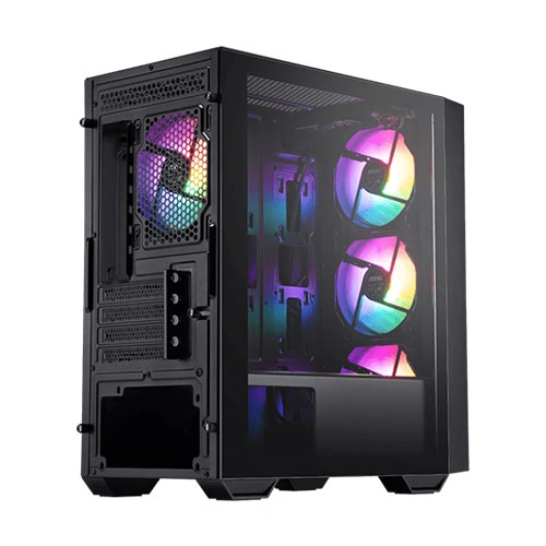Black mid-tower PC case with a tempered glass side panel showing three RGB-lit fans.