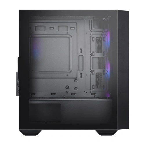 Black computer case viewed from the side, showing the internal metal frame and subtle purple LED lighting on the right edge.
