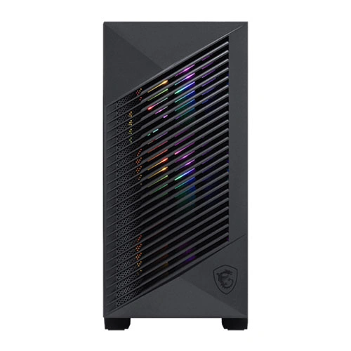 Black MSI gaming PC tower with diagonal front vent slats and colorful RGB lighting inside the case.