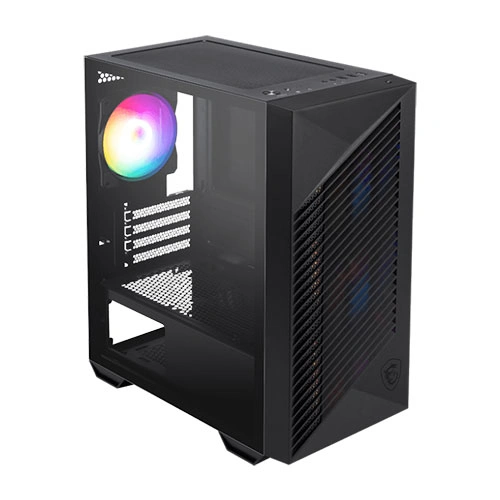 Black mid‑tower PC case with a tempered glass side panel and an RGB-lit rear fan visible through the panel