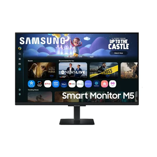 Samsung Smart Monitor M5 on a stand, showing the smart TV home screen with app icons and banners on the display