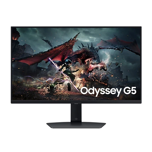 Curved gaming monitor on a stand displaying a dragon battle game scene with the text 'Odyssey G5' on screen.