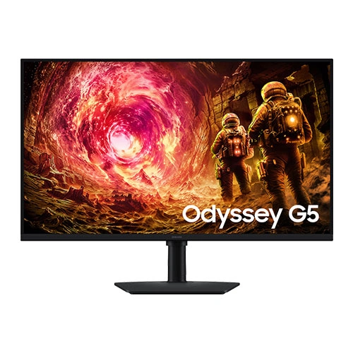 Odyssey G5 curved gaming monitor on a stand showing a sci‑fi scene with two astronauts in a fiery portal.