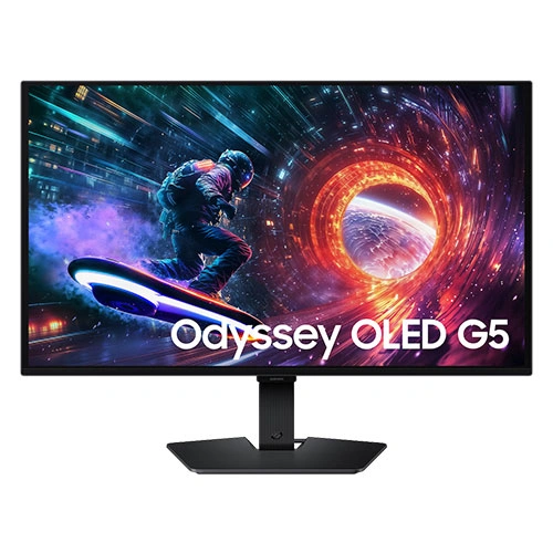 Odyssey OLED G5 gaming monitor on its stand displaying a vibrant space-themed artwork.