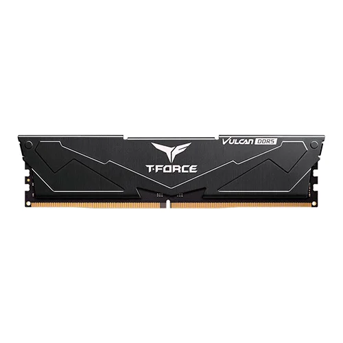 T-Force Vulcan DDR5 desktop RAM module with a black heatsink and gold connector edge