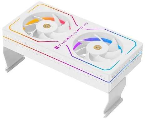 White dual-fan GPU cooler with RGB lighting and mounting brackets.