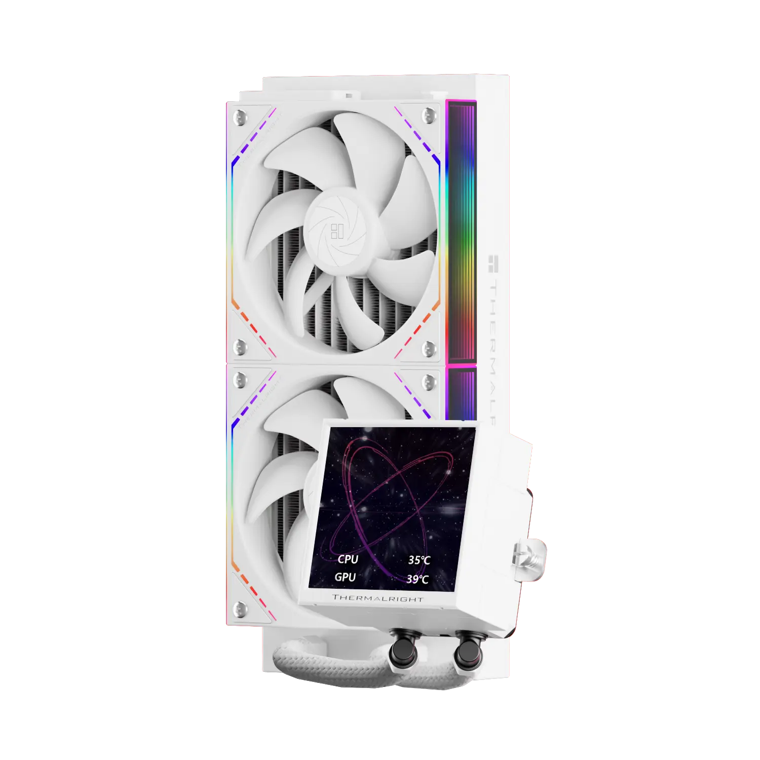 White Thermalright GPU cooling block with two large fans, RGB lighting, and a small display showing CPU 35°C and GPU 39°C.