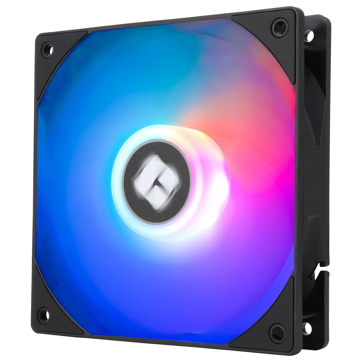 RGB-lit computer case fan, 120mm square with black frame and mounting holes
