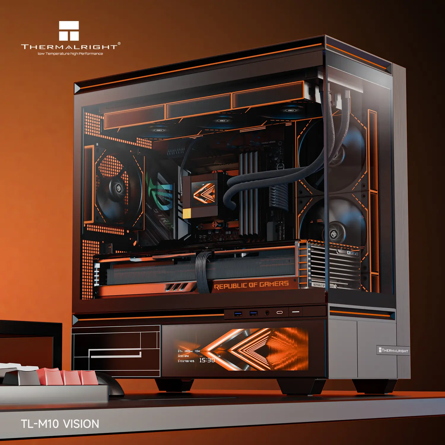 High-end PC tower with orange accents, transparent side panel showing water cooling, GPU, and cables; Thermaltake ThermALRIGHT TL-M10 VISION branding.