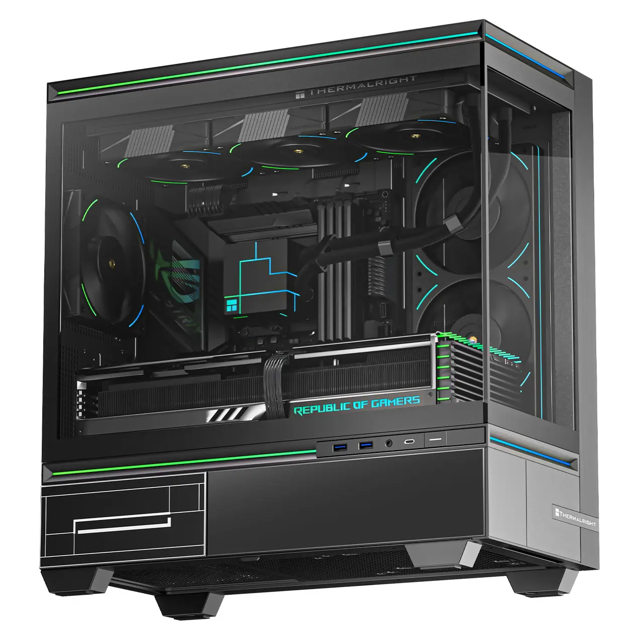 Transparent side view of a black gaming PC with RGB-lit interior, large GPU, and liquid cooling fans visible inside.