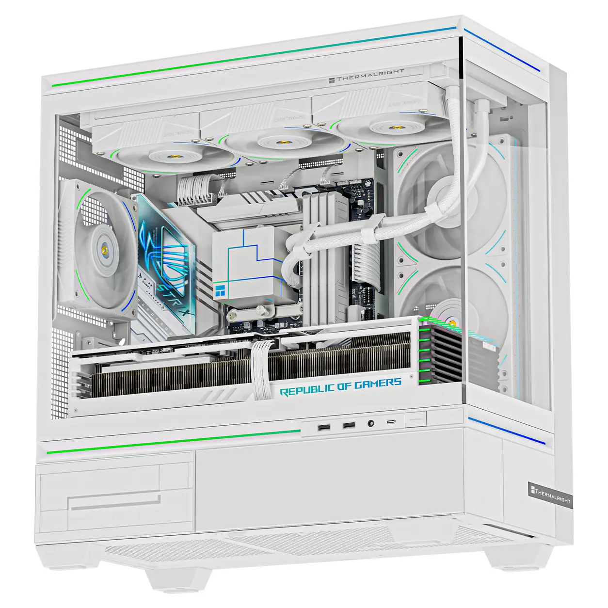 White gaming PC with a transparent side panel showing cooling fans, GPU, and motherboard internals.