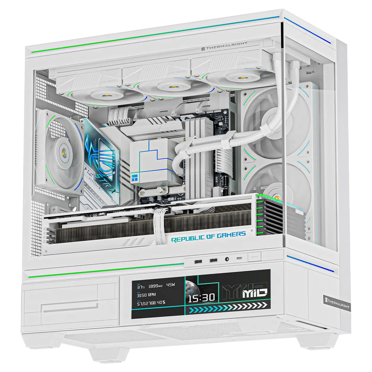 White high-end gaming PC with transparent side panel showing internal components and cooling system, RGB accents, and a large graphics card labeled Republic of Gamers