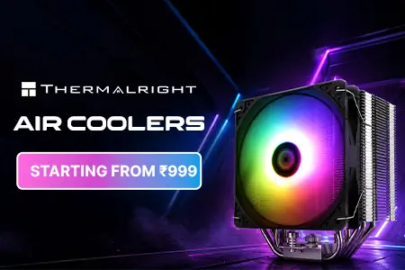 Thermaltake air cooler advertisement featuring a large RGB-lit CPU cooler and a neon-lit banner that says 'Starting from ₹...'.