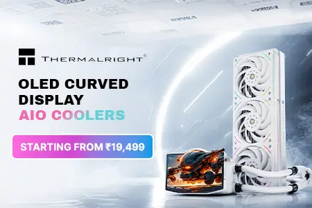 Thermaltake OLED curved display AI0 coolers advertisement showing a tall white cooling tower, glowing arc effects, and a price badge 'Starting from ₹19,499' on the left side.