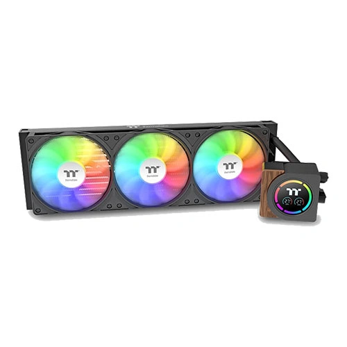 RGB-lit triple 120mm liquid CPU cooler with radiator and TT-branded pump block