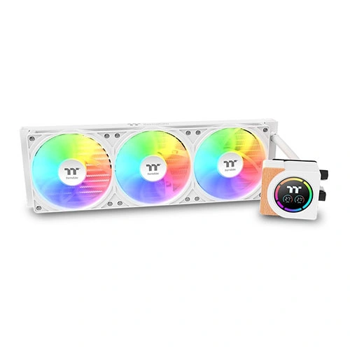 Triple-120mm RGB liquid CPU cooler with a radiator and pump block (white frame, rainbow RGB lighting)