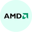 AMD logo with a green square arrow on a light teal background.