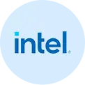 Intel logo on a pale blue background.