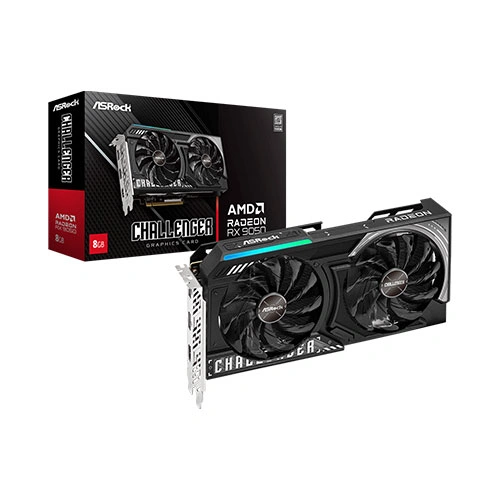 ASRock Challenger dual‑fan graphics card in black/silver, shown beside the retail box that reads Challenger and AMD Radeon RX 590, 8GB.