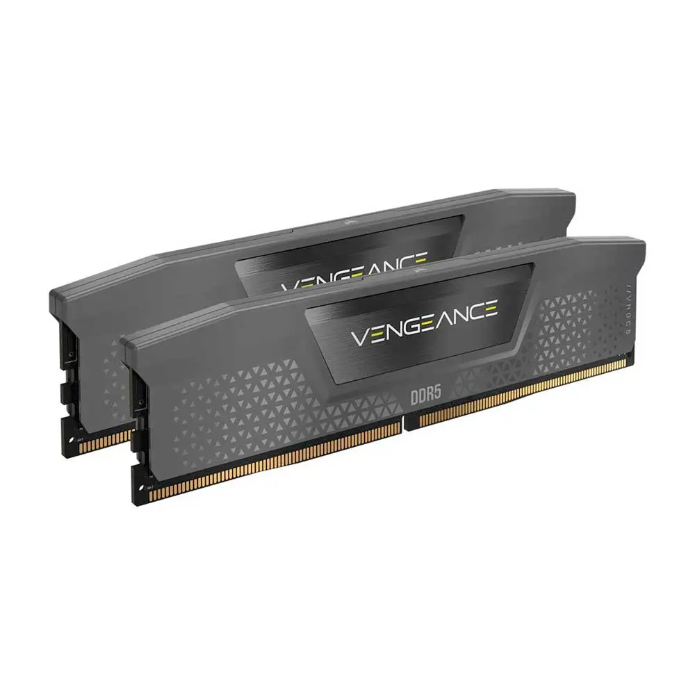 Two Vengeance DDR5 RAM modules with gray heatsinks and gold contact pins, shown side by side.