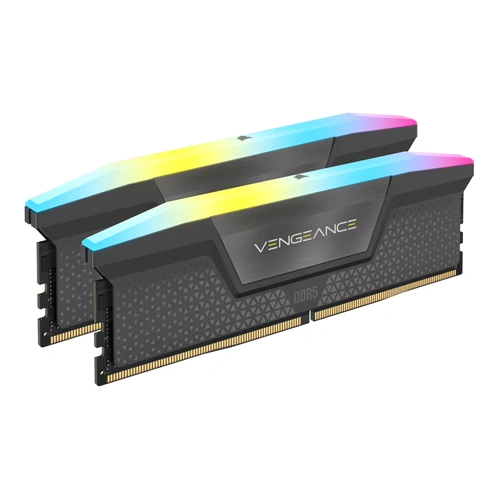 Dual DDR4 RAM sticks with RGB lighting, labeled VENGEANCE, black heat spreaders, gold edge connectors (computer memory).