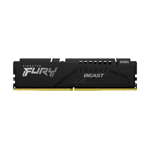 DDR5 memory module by Kingston Fury Beast with black heat spreader and gold connector edge.