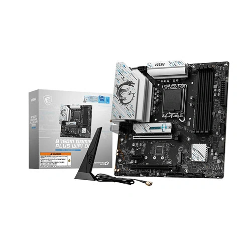 MSI motherboard with PCIe slots and CPU socket, shown with its packaging and a Wi‑Fi antenna.