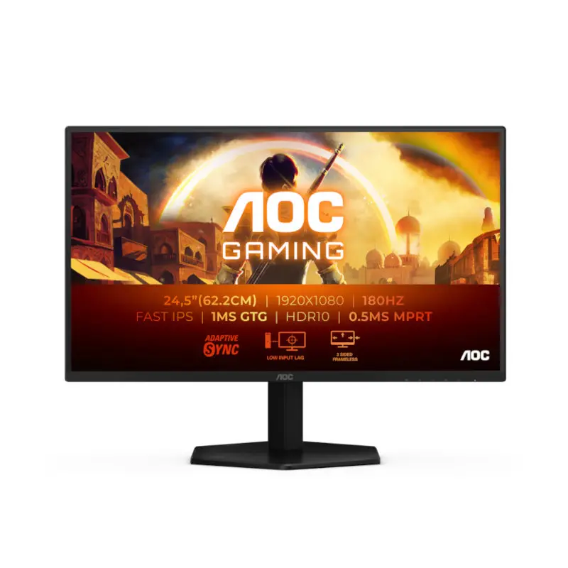AOC gaming monitor (24.5-inch) on a stand displaying a vibrant game scene with the AOC logo on screen.