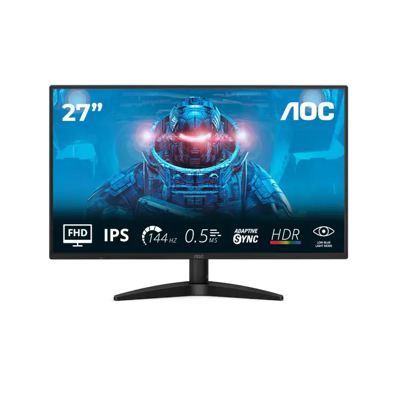 27-inch AOC gaming monitor displaying a blue space-astronaut wallpaper with badges for FHD, IPS, 144Hz, 0.5ms, HDR, Adaptive Sync