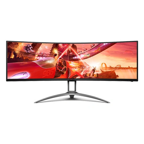 Curved ultrawide computer monitor on a silver stand displaying a colorful racing game scene.