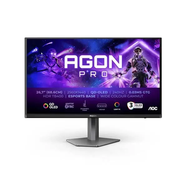 AOC AGON Pro 26.7-inch gaming monitor on a sleek stand, displaying a neon esports wallpaper.