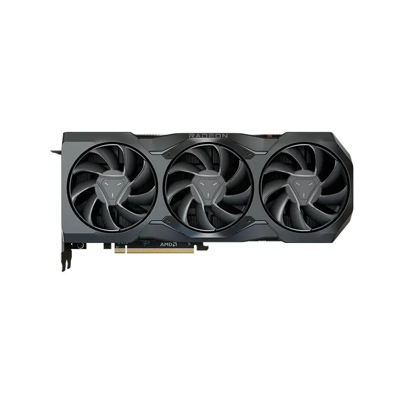 Triple-fan AMD Radeon graphics card with PCIe edge connector, shown from side view