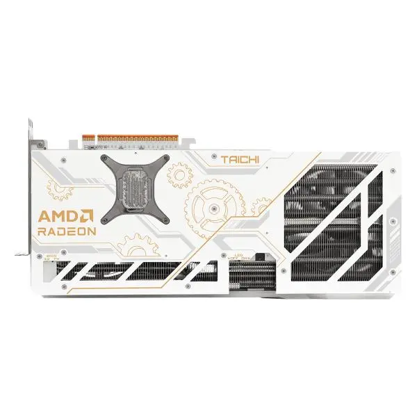 White AMD Radeon Taichi graphics card with a white shroud, backplate design, and visible cooling fins from the side