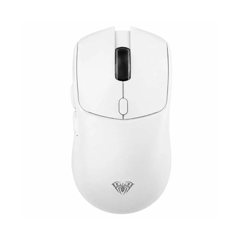 White wireless computer mouse with black scroll wheel and small logo at the bottom front.