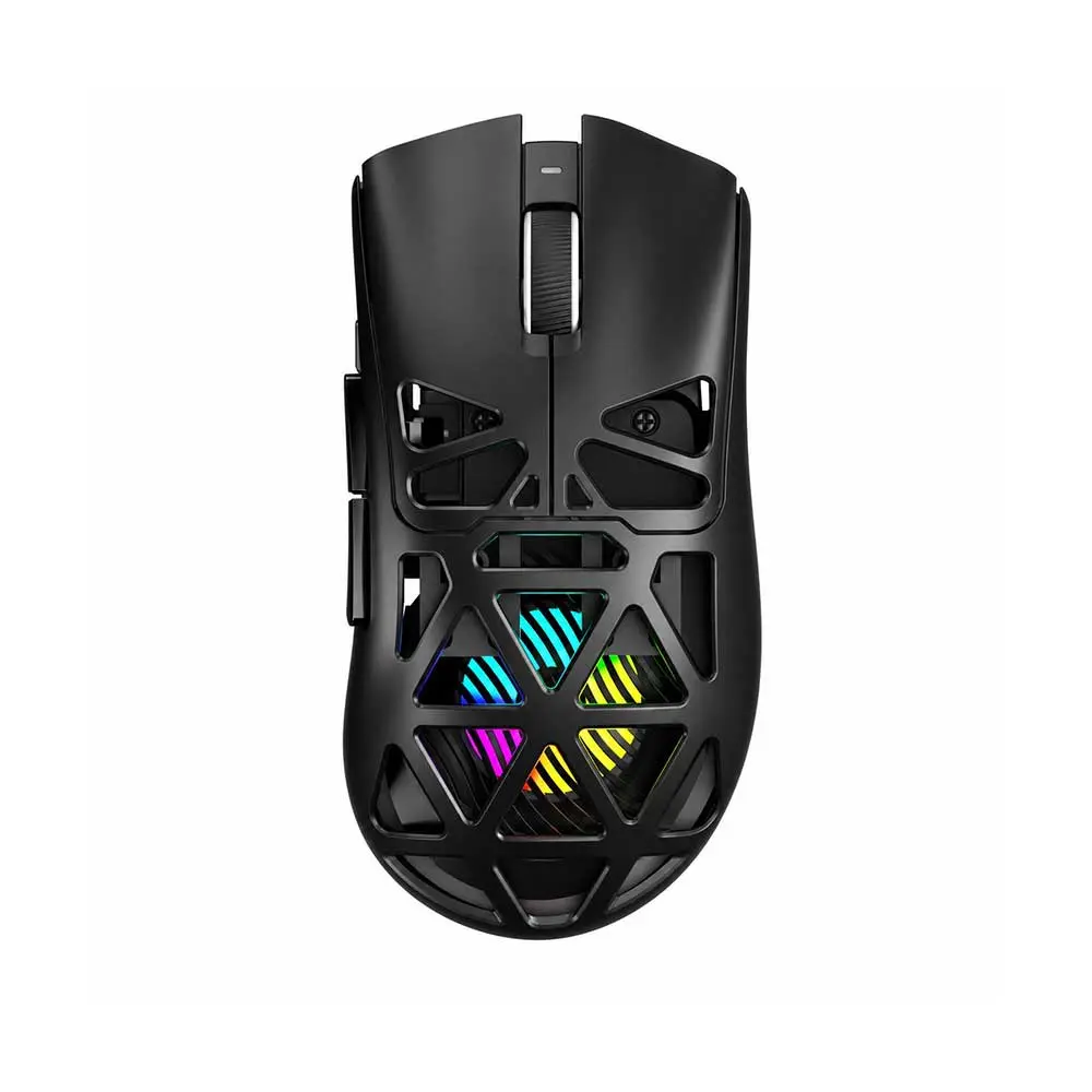 Gaming mouse with a black geometric lattice shell and rainbow RGB lighting visible through the cutouts.