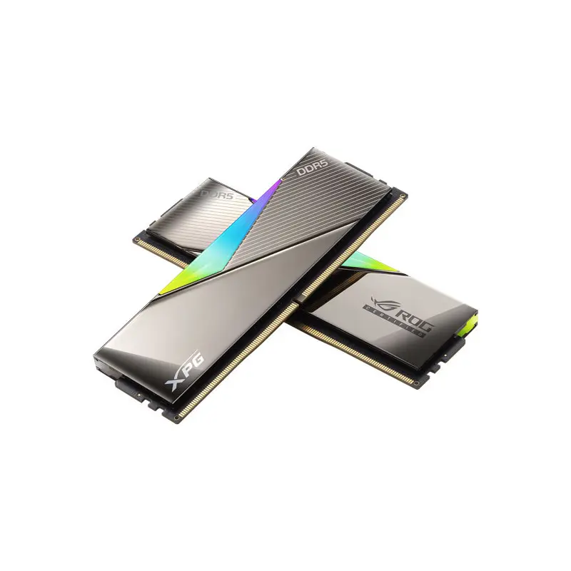 Two DDR5 RAM sticks with XPG branding arranged diagonally, metal silver finish and colored accents, suitable for a PC memory upgrade.