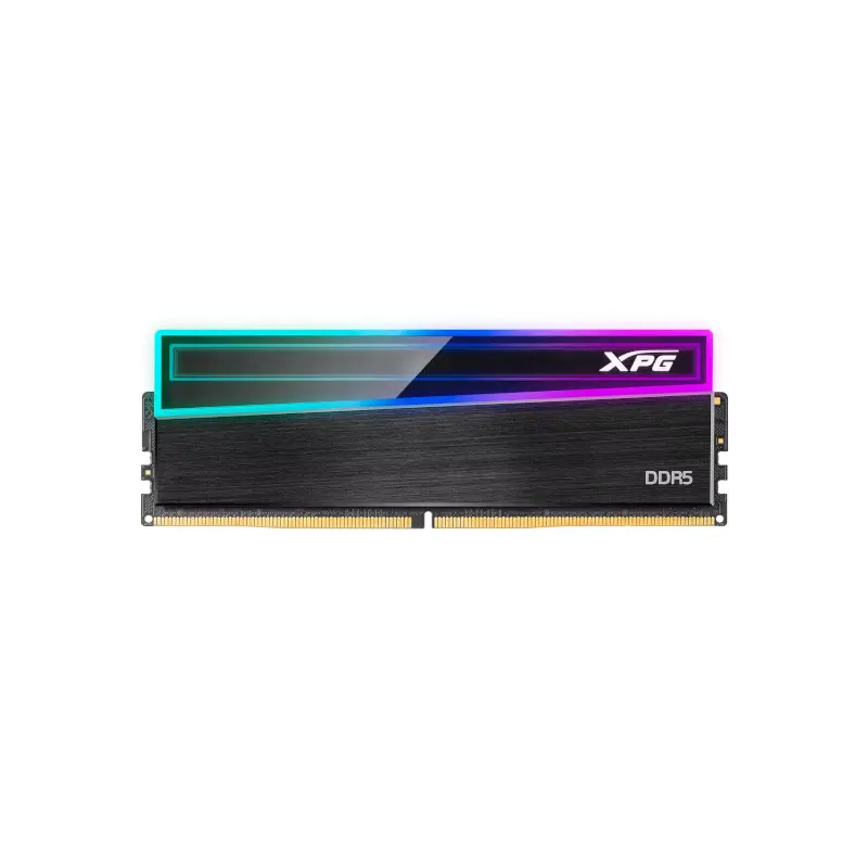 DDR5 RAM module with RGB lighting and XPG branding, shown from the side on a white background