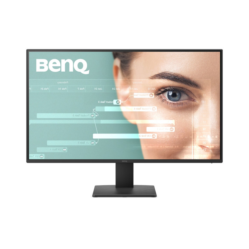 BenQ computer monitor displaying a high-tech biometric interface over a close-up of a woman's eye, with data overlays.
