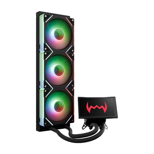 RGB-lit triple-fan AIO liquid CPU cooler with radiator and pump block connected to a small display