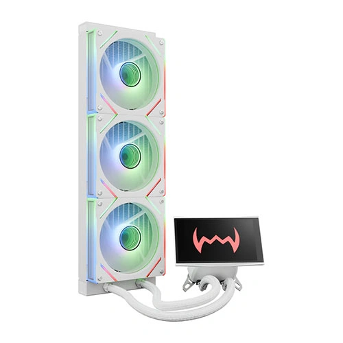 White vertical PC case with three large RGB-lit cooling fans, connected by white cables, and a small monitor displaying a pink logo.